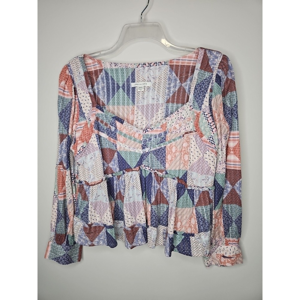 American Eagle Blouse M Pink Patchwork Babydoll Cropped Boho CottageCore Gauzey - Picture 2 of 14